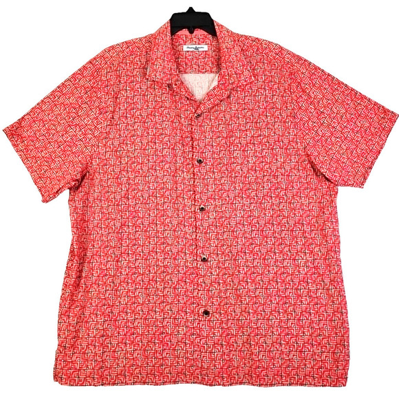 Tommy Bahama~Men's XXL/TTG~Pink/Green Geometric Short Sleeve Hawaiian Silk Shirt - Picture 1 of 13